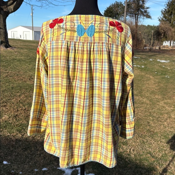 Sister Mary Yellow Blue Plaid Floral Embroidery BoHo 3/4 Sleeves Tunic Blouse Lg - Picture 4 of 11